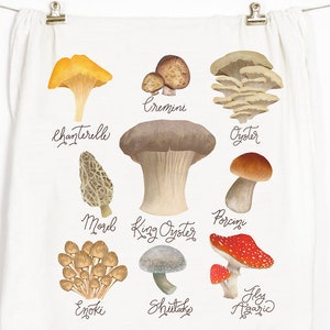 Mushroom Types Flour Sack Towel: Cottagecore Kitchen Decor