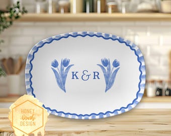 Personalized Blue Tulips Wedding Platter: Couples Initials Gift, Gift for Engaged Couple, Custom Wedding Plate