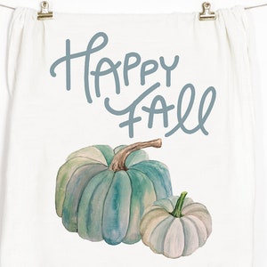 Paño de cocina de saco de harina de calabaza azul "Feliz otoño": Decoración de cocina otoñal