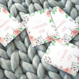 Cartes jalons bébé aquarelles, Cartes jalons bébé aquarelle fleurs d'amandier, Jalons bébé imprimables, Signes du mois de bébé, Jalons mensuels bébé