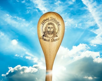 WHAT WOULD JESUS Stew? Large Wooden Cooking Spoon W.W.J.S. spoon for mixing soup or stew or anything made in a big pot needing a big utensil