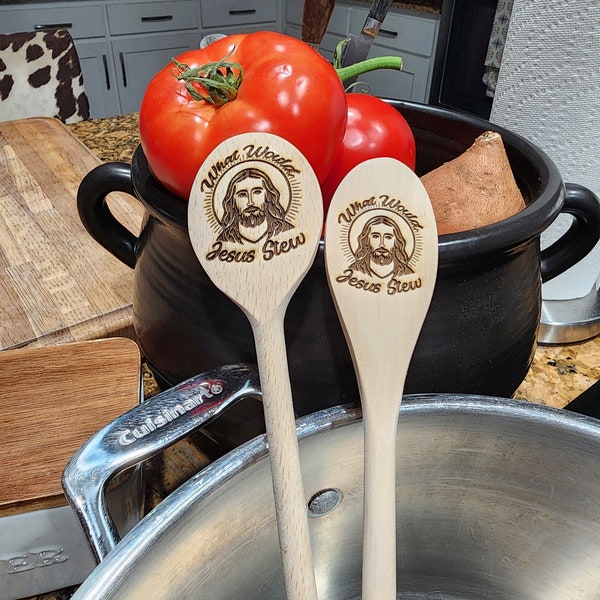 WHAT WOULD JESUS Stew? Wooden Cooking Spoon w.w.j.s spoon for mixing soup, stew, brews, or anything that needs a good stir.