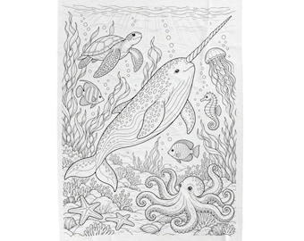 Manta para colorear de ballena narval / Terapia de color / Colorear para adultos