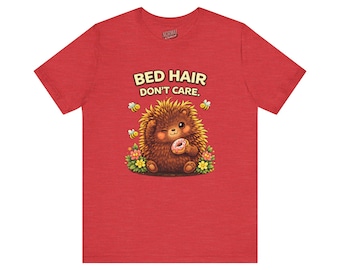 Bed Hair Don't Care T-Shirt - Cute Porcupette (Baby Porcupine) Donut Graphic Tee, Whimsical Morning Humor Shirt