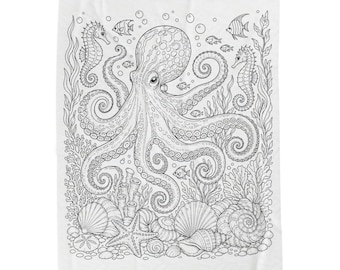 Octopus and  of Sea Creatures Coloring Blanket | Coloring Therapy| Adult Coloring