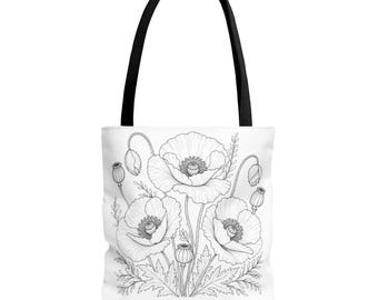 Bolso de tela con estampado de amapolas / Bolso para colorear