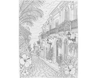 Manta para colorear con casas de San Juan / Terapia de color / Colorear para adultos