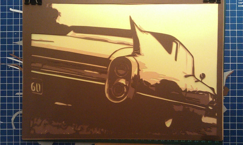 4 layer Cadillac papercut template lasercut pattern Instant download 1960 classic car stencil template. layered paper cutting