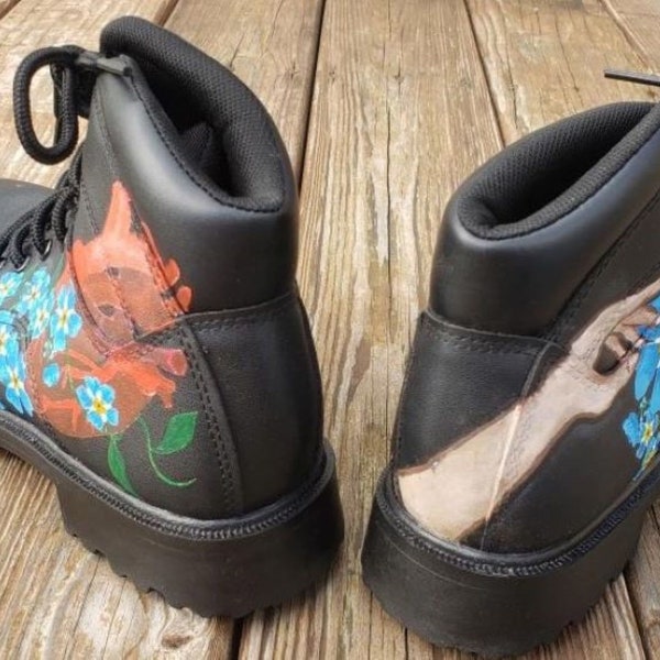 Hand-Painted Women Size 7.5 Black Vinyl Boots - Forget-Me-Not
