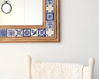 Talavera Mirror - Wall Mirror - Large Wood Mirror - Blue White Tile Mirror - Free Shipping
