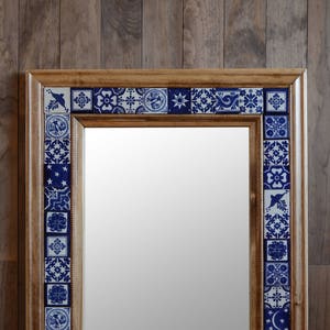 Talavera Mirror - Golden Oak Wall Mirror - Large Wood Mirror - Blue White Tile Mirror - Free Shipping