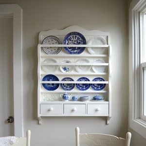 White Dish Rack - Wall Plate Display - Wooden Plate Rack - Wall Storage Unit - Kitchen Organization