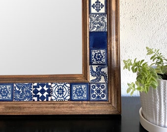 Talavera Mirror - Wall Mirror - Large Wood Mirror - Blue White Tile Mirror - Free Shipping