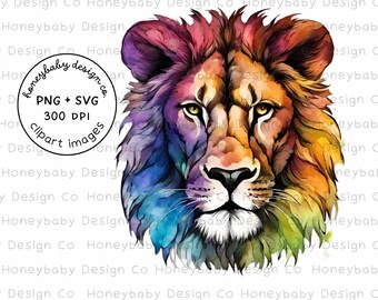 Rainbow Lion Head Clipart – Alcohol Ink SVG & PNG (Digital Download)