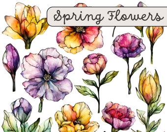 Alcohol Ink Spring Flower Clipart Set (PNG, SVG, Digital Download)