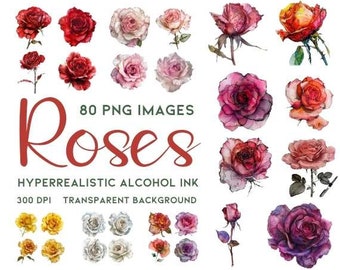 Alcohol Ink Roses – 80 PNG Set, Hyperrealistic Floral Clipart (Digital Download)