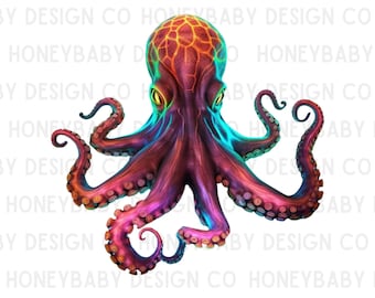Vibrant Octopus Clipart | Neon Ink Graphic (Digital Download)