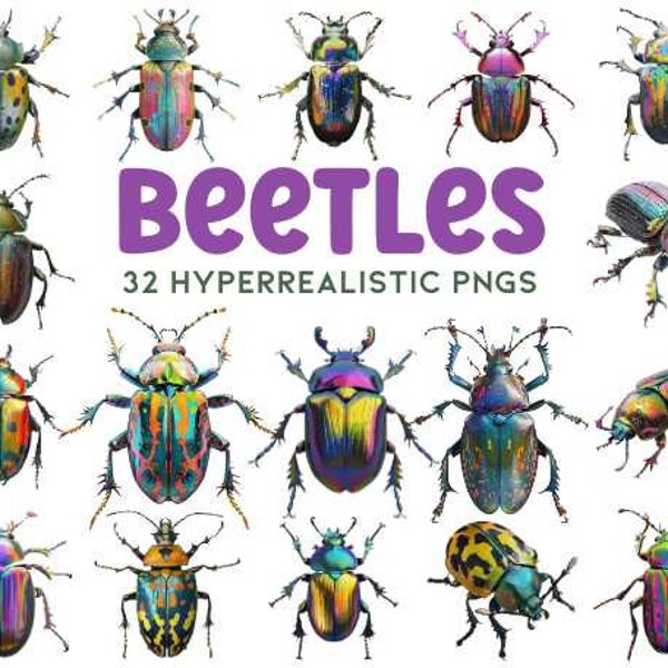 32 Colorful Beetle PNGs Set - Hyperrealistic Insect Illustrations for Creative Projects, Educational Materials, & Nature-Themed Art