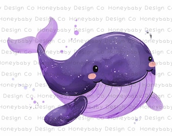 Whale Clipart – Ink & Watercolor Style, Transparent PNG (Digital Download)