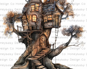 Whimsical Treehouse Clipart – Alcohol Ink Style PNG Set (Digital Download)