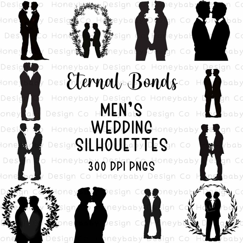 Vínculo eterno: Conjunto PNG de silueta de matrimonio gay para hombres / Gráficos de matrimonio gay / LGBTQ Clipart / Novio PNG imagen 1