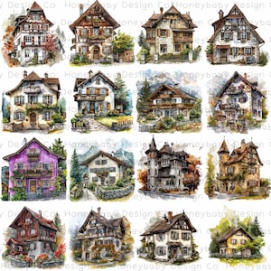 Accogliente set PNG di vecchie case di campagna svizzere e francesi / set di clipart di capolavori ad acquerello / stile adesivo iperrealistico / album di ritagli, decoupage