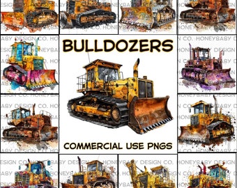 Bulldozer PNG Set / Estilo de tinta de alcohol / Descarga de imágenes prediseñadas de construcción digital / Decoración para niños imprimible / Diseño de artesanía y fiesta /