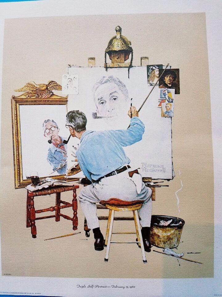 TRIPLE SELF PORTRAIT by Norman Rockwell 1973 Curtis