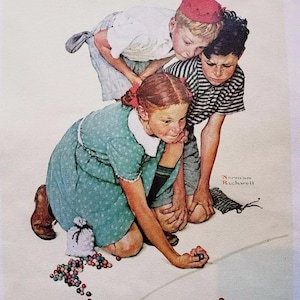 KNUCKLES DOWN by Norman Rockwell 1972 Curtis Publishing Canvas Lithograph Reprint 16&quot;x12.5&quot;