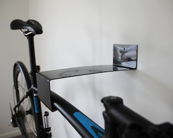 black BIKE CLIP - a steel wall mounted bike rack, bike shelf, bicycle storage, minimal steel bike hanger, modern bike clip, gift for cyclist