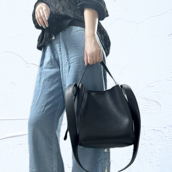 Black Messenger Bag, Woman Simple Fashion Large Bucket Bag, Woman Crossbody Bags, Bucket Bag, Bucket Leather Bag, PU Leather Bucket bag