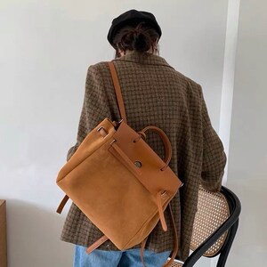 Autumn Winter Vintage Commuter Suede Backpack, Female Versatile Shoulder Messenger Bag, top-handle bag. Everyday Backpack.