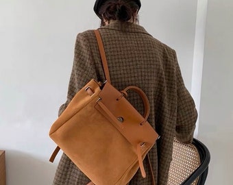 Autumn Winter Vintage Commuter Suede Backpack, Female Versatile Shoulder Messenger Bag, top-handle bag. Everyday Backpack.