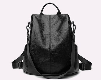 Black Fashion women's backpack, Travel Backpack, Student School bag, Shoulder Bag, Soft Back Fashion Backpacks, PU Black Leather Backpack.