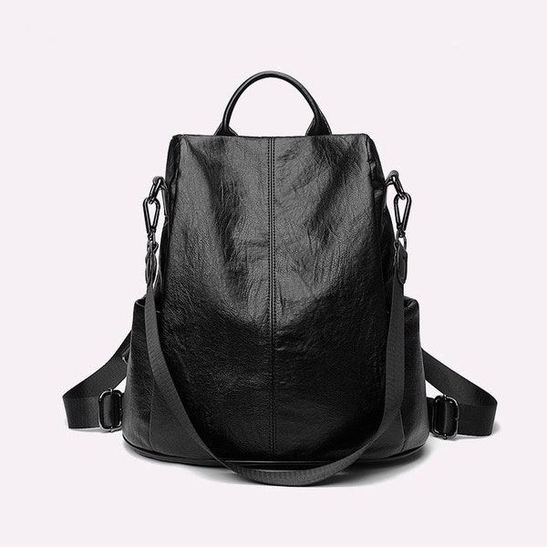 Black Fashion women's backpack, Travel Backpack, Student School bag, Shoulder Bag, Soft Back Fashion Backpacks, PU Black Leather Backpack.