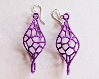 Purple Voronoi Twist Earrings - 3D Printed, Sterling Silver Hooks