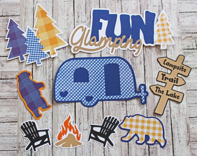 Fun Glamping Die Cuts, Custom Colors, 9 Piece Set, Layered Diecuts, Camping Scrapbook, Travel Trailer, 5th Wheel Camper, At Camp Woods Lake