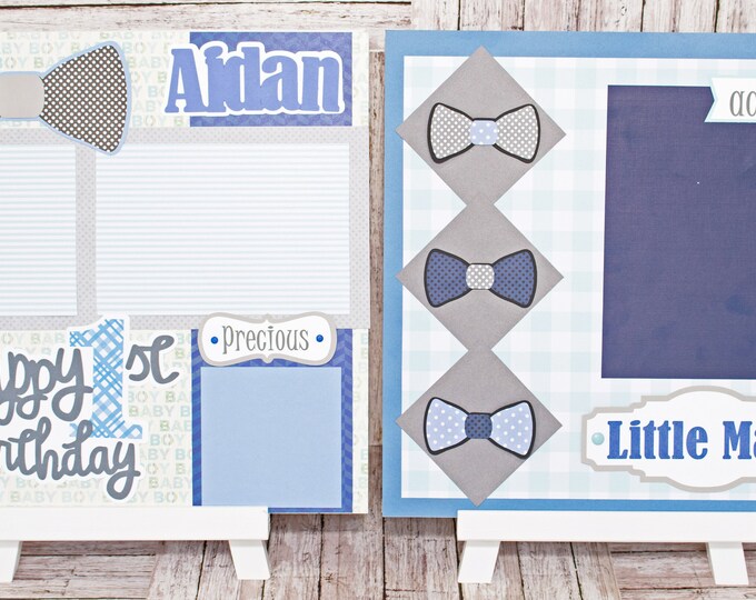 Any Birthday Year, Any Color, Handmade Scrapbook Page Set, Little Man Bow Tie, Custom Premade Kit, Personlized Memory Book, Child, Baby Boy