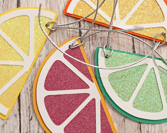 Set of 4, Citrus Themed Gift Tag Set, Lemon Lime Orange and Blood Orange, Sliced Fruit, Handmade Present Tags, Any Occasion, Hang Tag Set