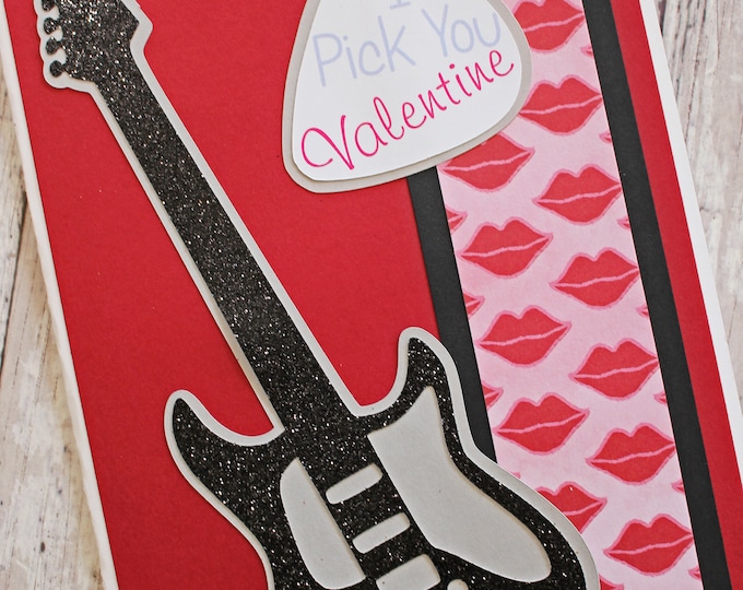 I Pick You, Electric Guitar Valentine Card, Rock and Roll, Valentine's Day, Musician, Black Glitter, Electric Guitar, Guitar Pick, Valentine