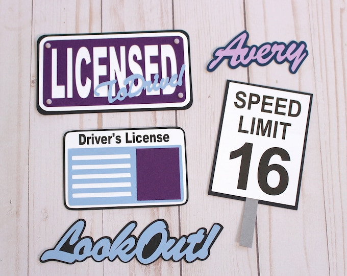 Custom Colors, Teen Driver Diecuts, Licensed to Drive, Die Cut Set, Layered Embellishments, Hand Crafted, Driver's Education, 16 Years Old