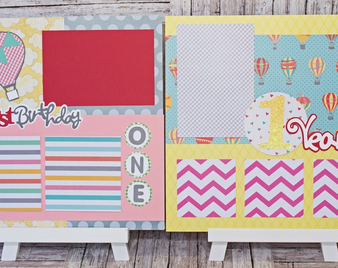 Handmade Scrapbook Page Set, Any Birthday, Baby Girl, Custom Premade Kit, Personlized Memory Book, Hot Air Balloon, Colorful Birthday Theme