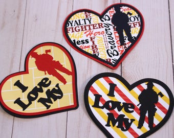 Firefighter Heart Die Cuts, I Love My Firefighter, Fireman Themed Cutouts, Firewoman Embellishments, Firefighter Decals, Heart Shaped Paper