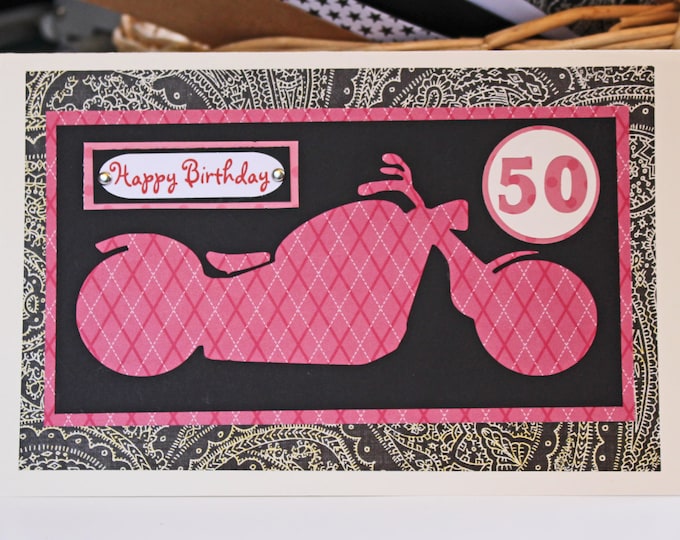 Motorcycle Card for Her, Pink Motorcycle Card, Handmade Card, Ladies Biker Card, Motorcycle Birthday Card, Personalized Card for Retirement