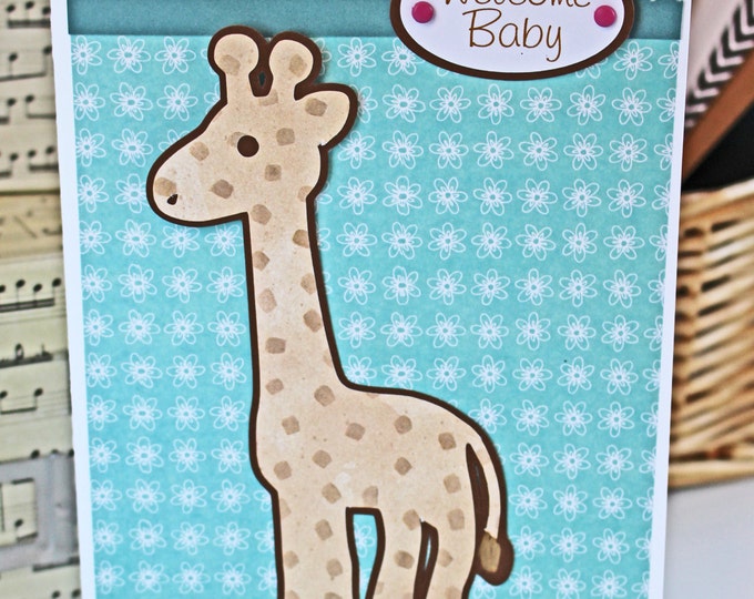 Baby Safari Animal Card,  Noah's Ark Theme Shower, Baby Girl Giraffe Card, Welcome Baby Girl Greeting, Handmade Shower Gift, Baby Zoo Animal