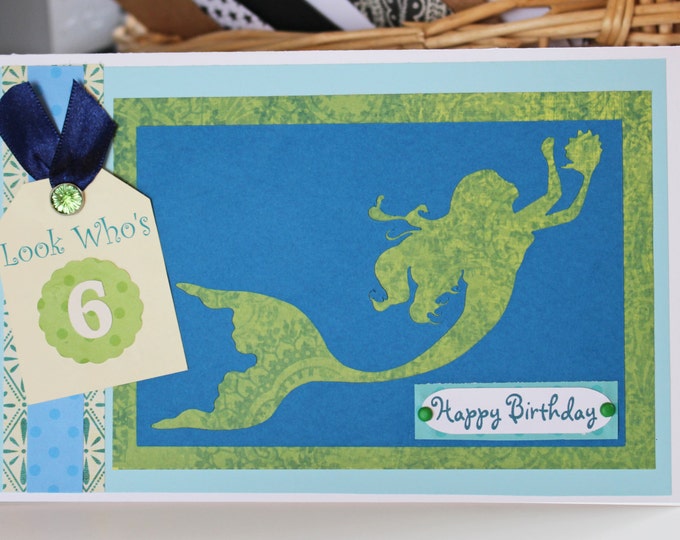 Mermaid Birthday Card, Custom Number Birthday Card, Handmade Greeting, Mermaid Card, Mermaid Theme Party, Card for Swimmer, Girl's Birthday