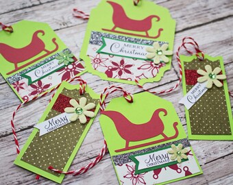 Set of 5, Santa's Sleigh Gift Tags, Elegant Christmas Gift Wrap Embellishment, Handmade Holiday Tag Set, Fancy Red Sleigh Hang Tag, Gifting