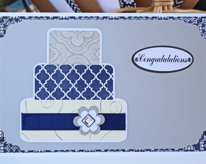 Blue and Silver Layered Wedding Cake Card - Wedding, Congratulations, Handmade, Card, Blue, Silver, Bridal, Bride, Groom, Cake, Newlywed, Do