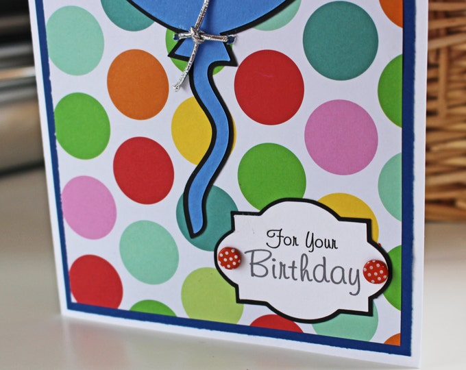 Balloon Birthday Card, Handmade Greeting, Kid Birthday, Blue Balloon Card, Polka Dot Card, Colorful Birthday Card, Children's Birthday Gift