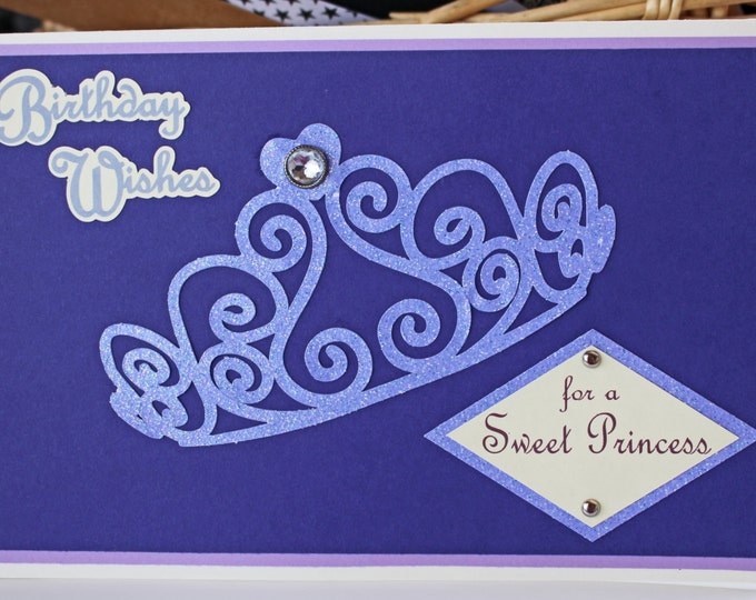 Tiara Birthday Card, Princess Birthday, Handmade Greeting, Personalized Card, Purple Bling Card, Queen's Crown Bday, Princess Theme Party,